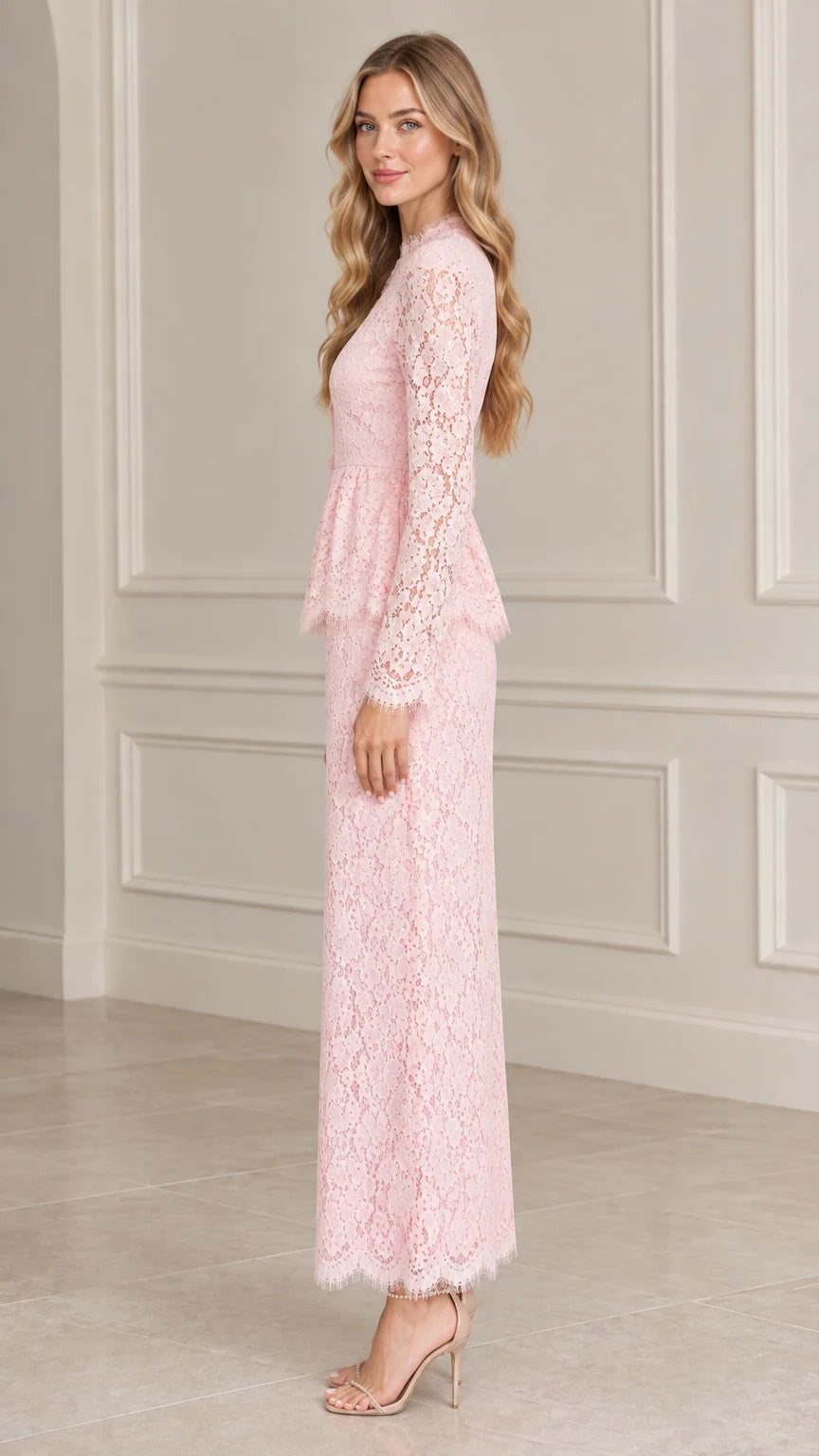 Side view of Blush Pink lace peplum long sleeve maxi dress set