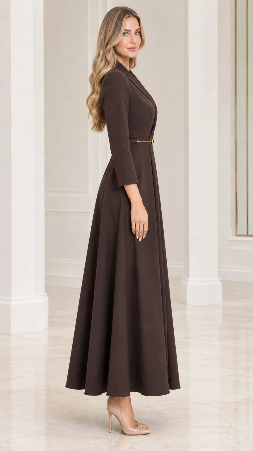 Side profile view of dark brown tailored lapel maxi dress with buckle belt
