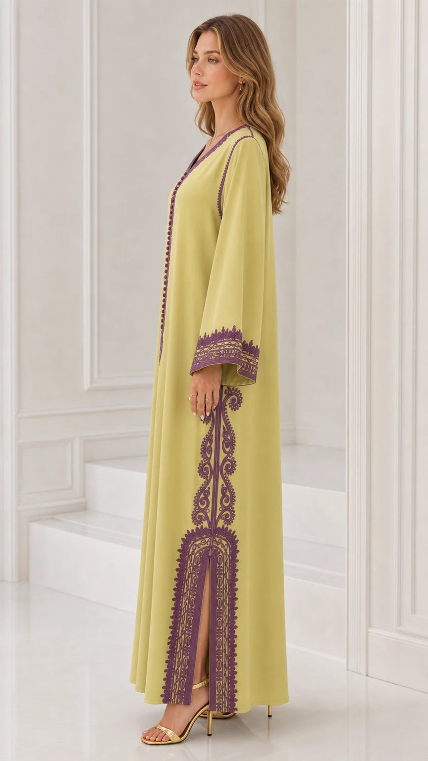 Side profile view of lime green embroidered kaftan dress showing side slit detail