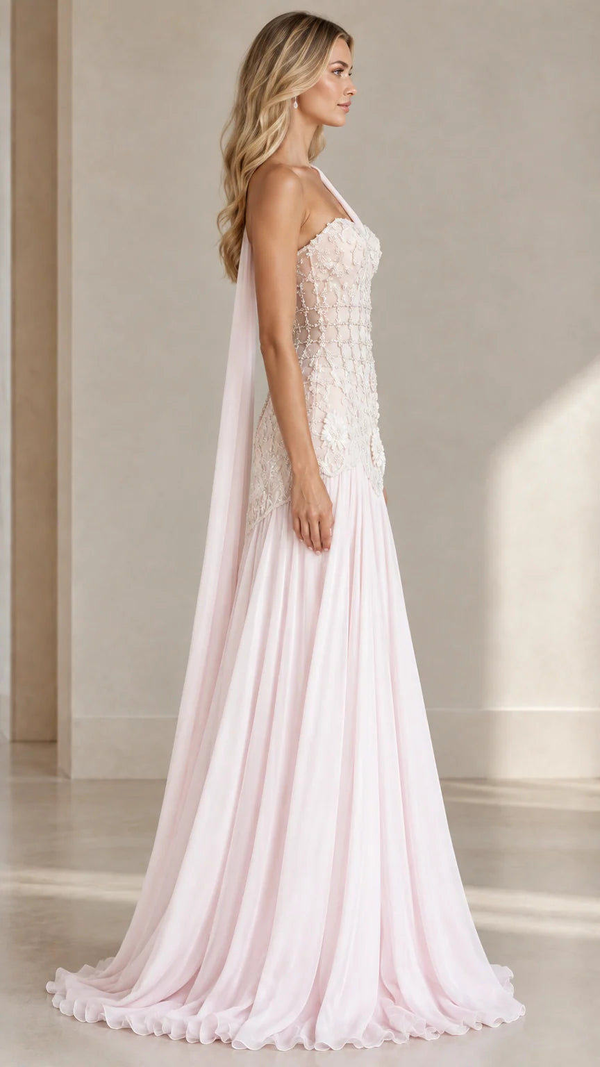 Side profile of Blush Pink floor-length formal gown showing cape drape