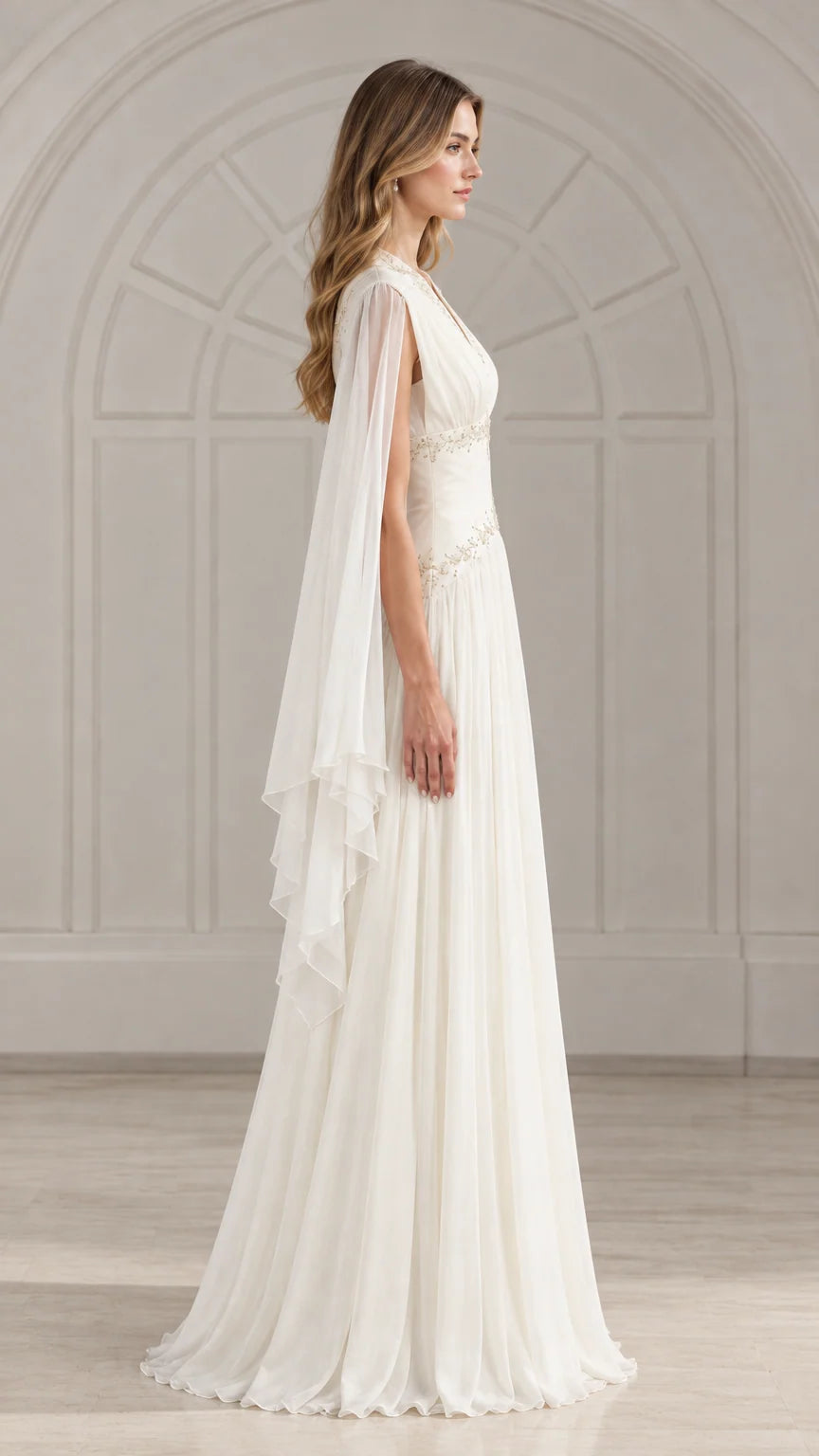 Side profile view of ivory white cape sleeve formal maxi dress showing draped sleeves