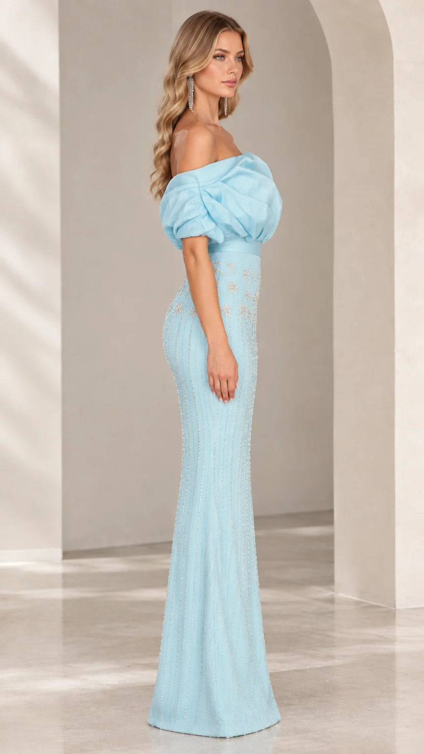 Side view of light blue off-the-shoulder embellished formal gown