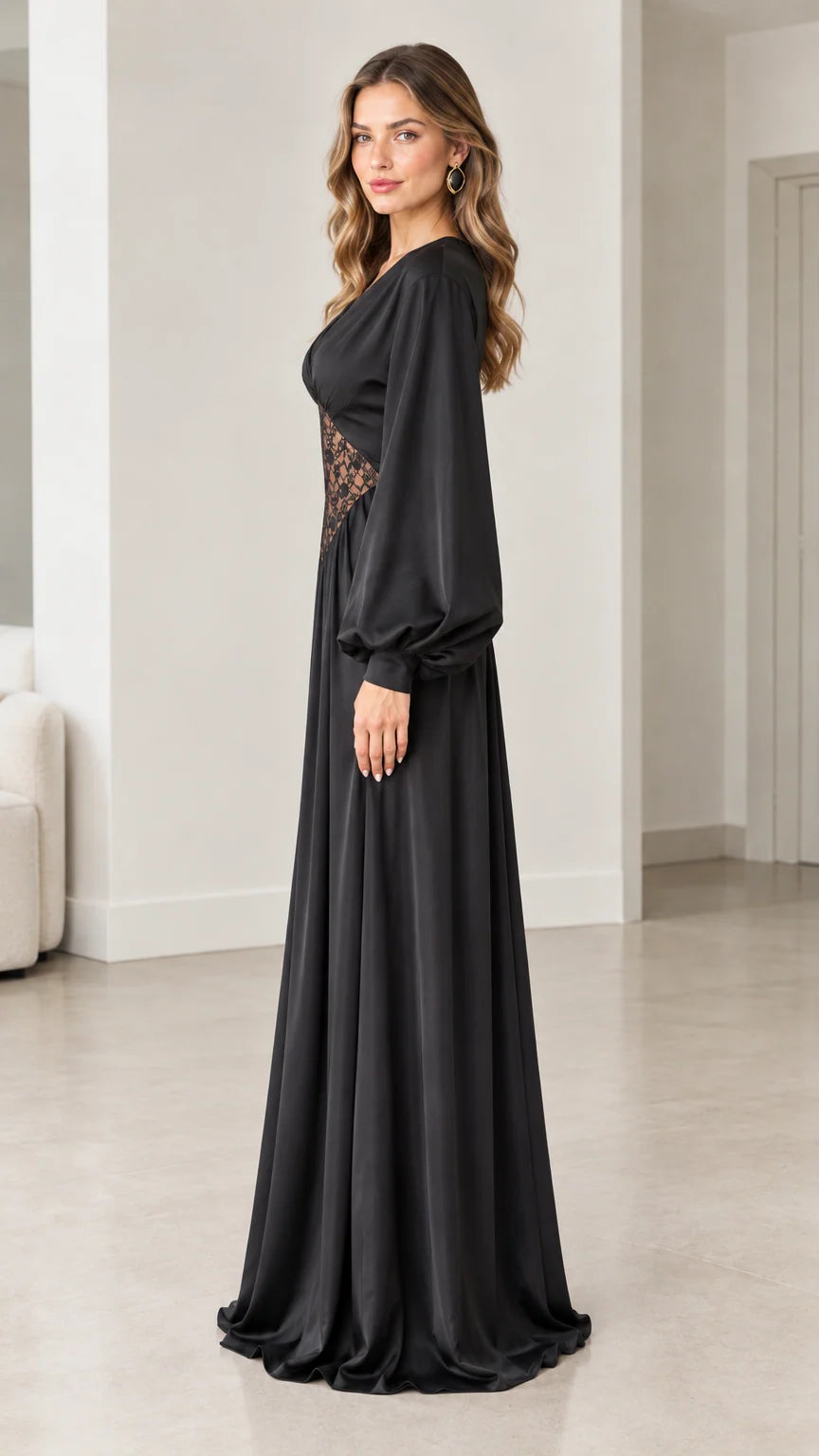 Side profile view of woman wearing elegant black satin maxi gown