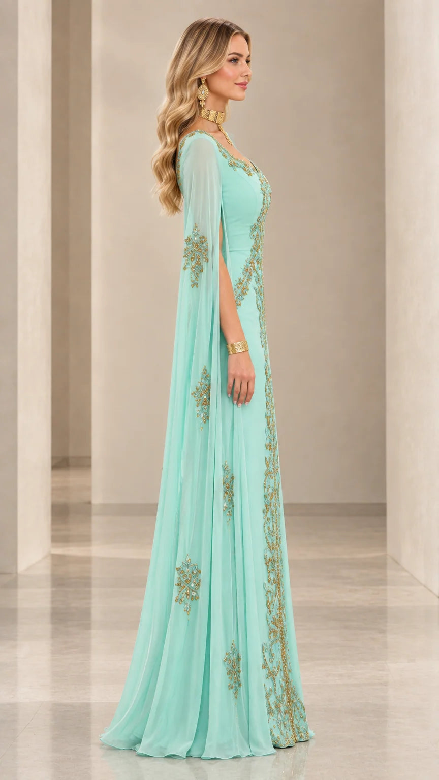 Side profile view of mint green cape sleeve kaftan maxi dress with gold embroidery