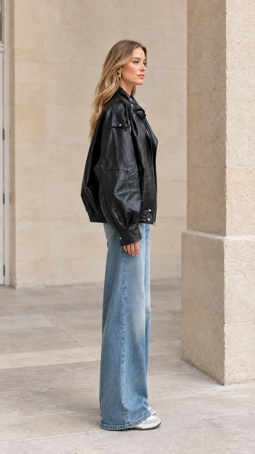 Side view of woman wearing relaxed black faux leather bomber jacket