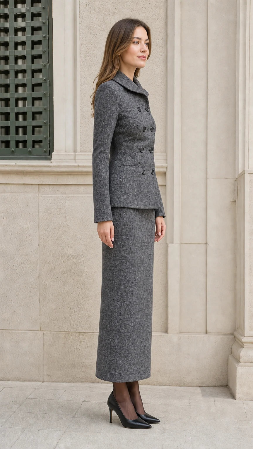 Side profile view of woman wearing Heather Grey tailored blazer and long skirt suit