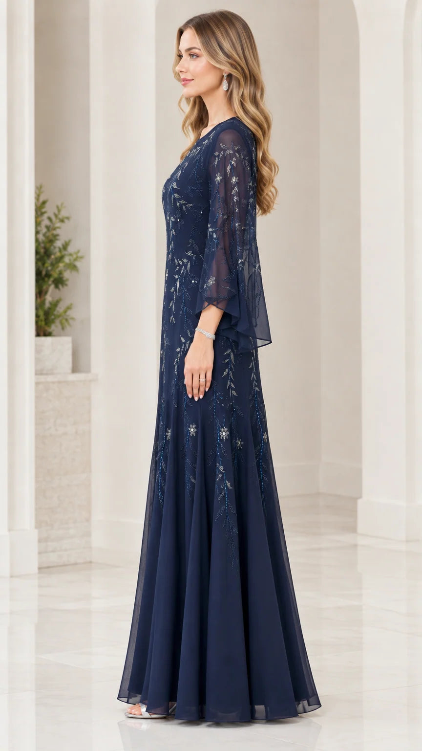 Side profile of model in Navy Blue sequin embellished formal evening dress