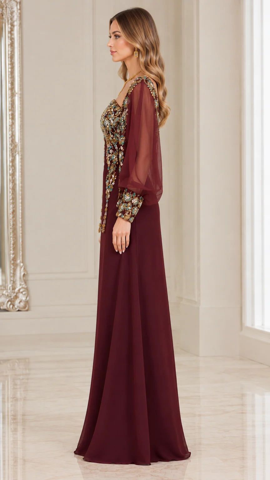 Side profile view of burgundy embroidered maxi dress
