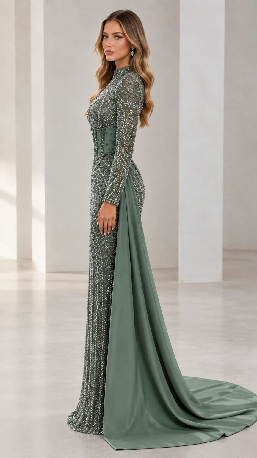 Side profile of Sage Green beaded formal dress showing long sleeves and flowing train