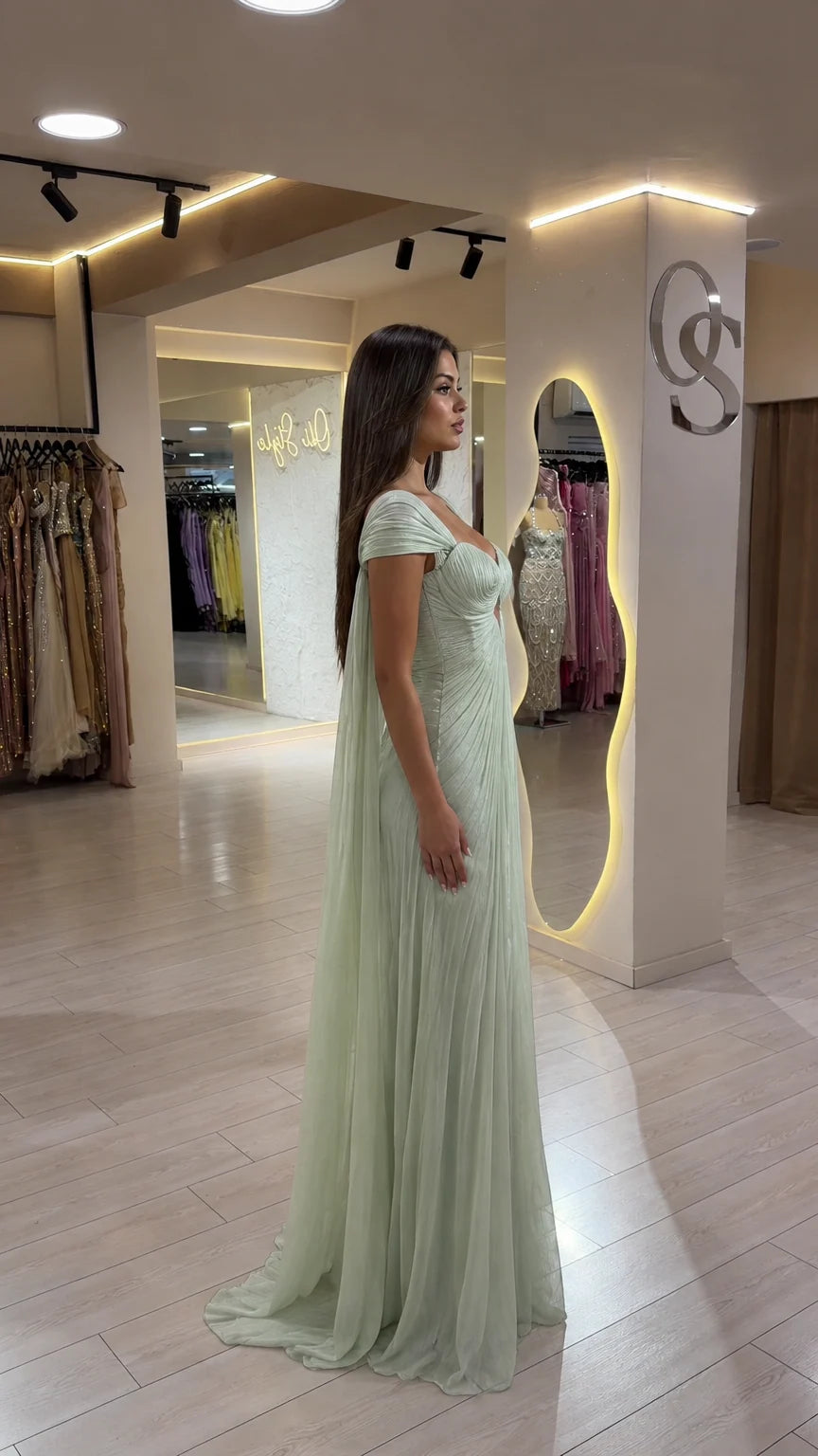 Side profile view of Sage Green pleated formal maxi dress