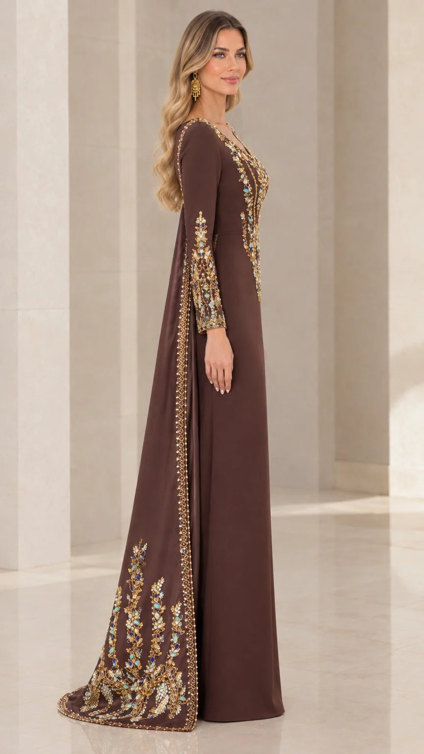 Side profile of chocolate brown formal gown showing sweeping cape drape