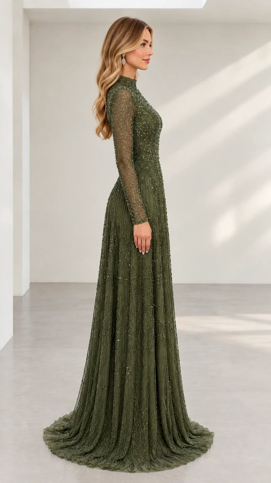 Side profile view of olive green sequined long sleeve floor-length formal dress