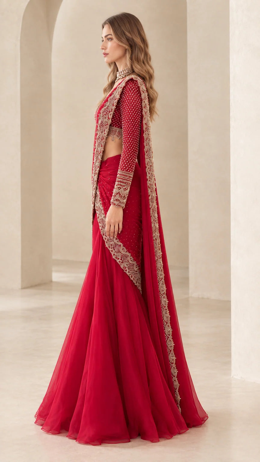 Side profile of crimson red pre-draped lehenga saree showing shoulder drape and sleeve embroidery