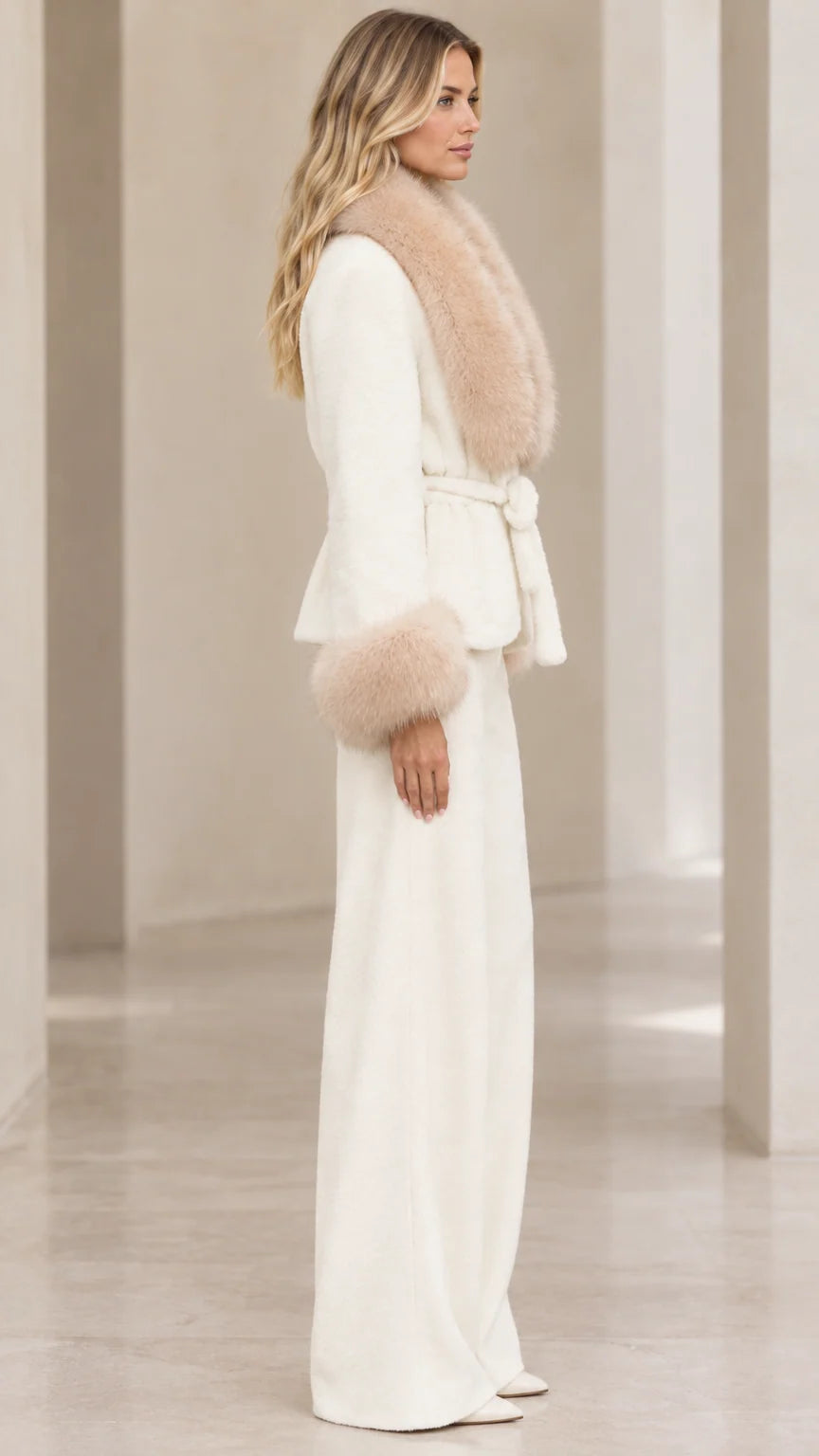 Side profile of woman in cream faux fur trim jacket and matching palazzo pants