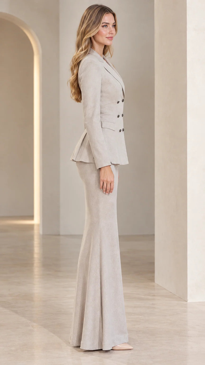 Side profile view of model in Light Grey peplum skirt suit set