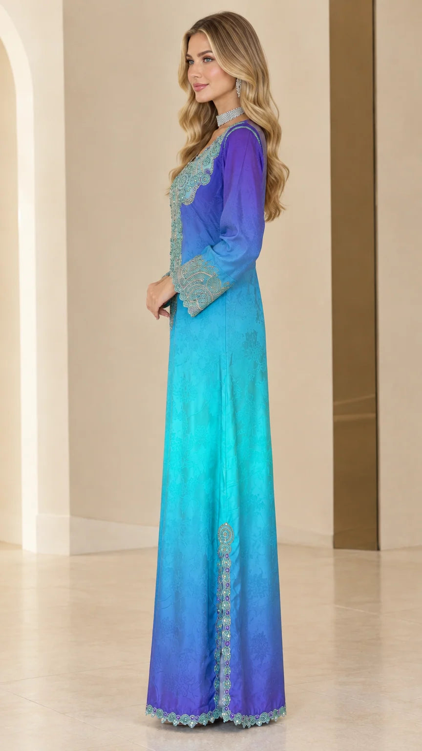 Side profile view of woman wearing ombre blue jacquard maxi kaftan gown