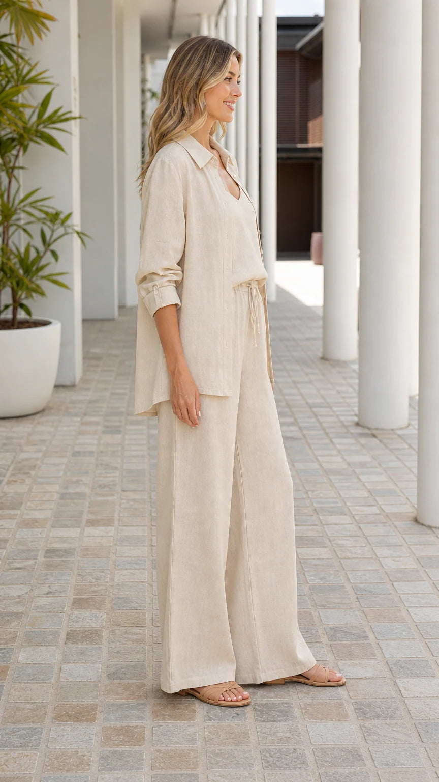Side view of woman wearing beige linen button-down and trousers set
