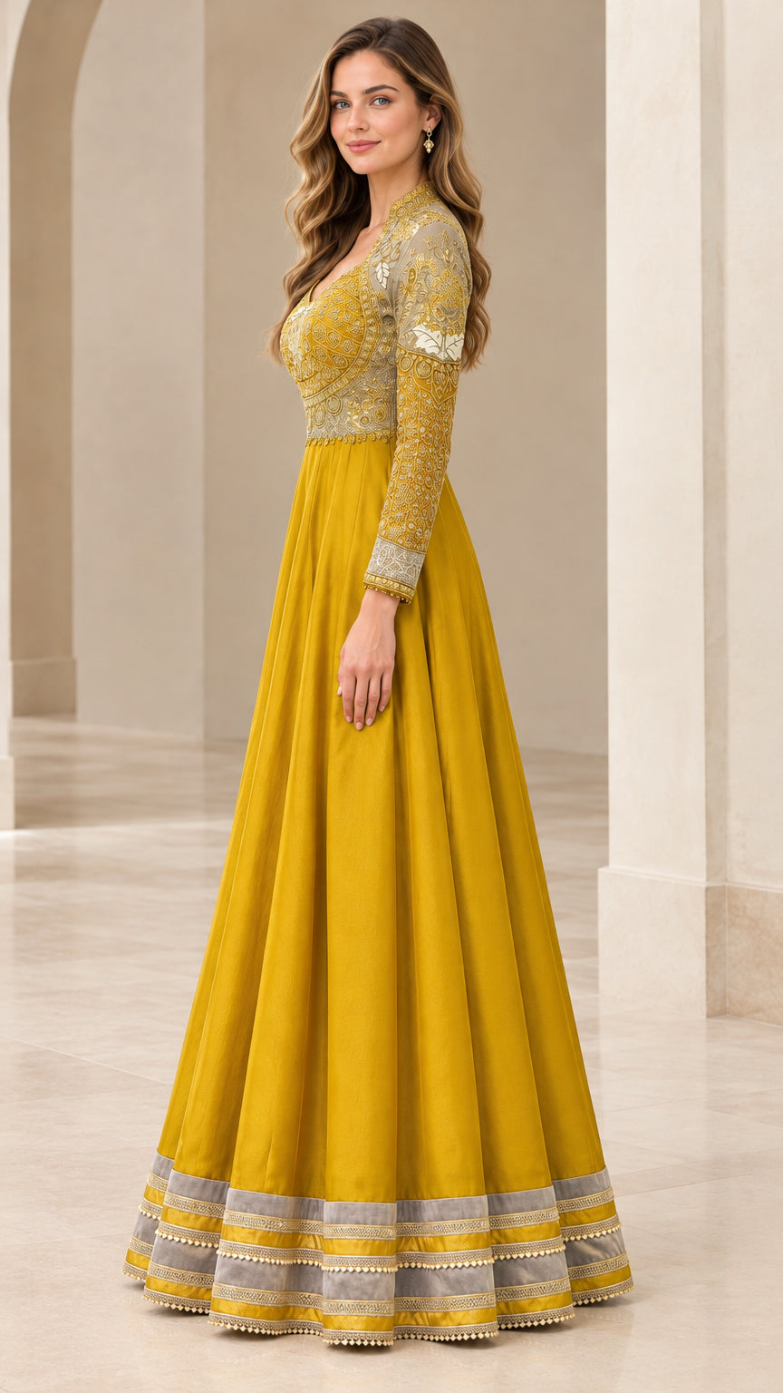 Side profile of Mustard Yellow long sleeve A-line maxi dress