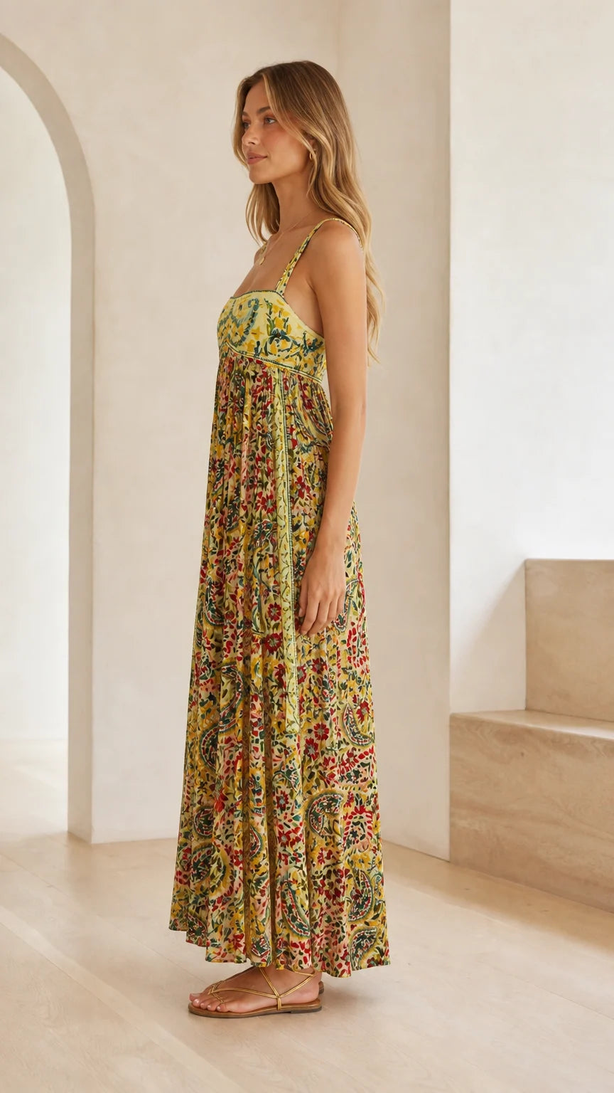 Side profile of model wearing yellow floral empire waist maxi dress