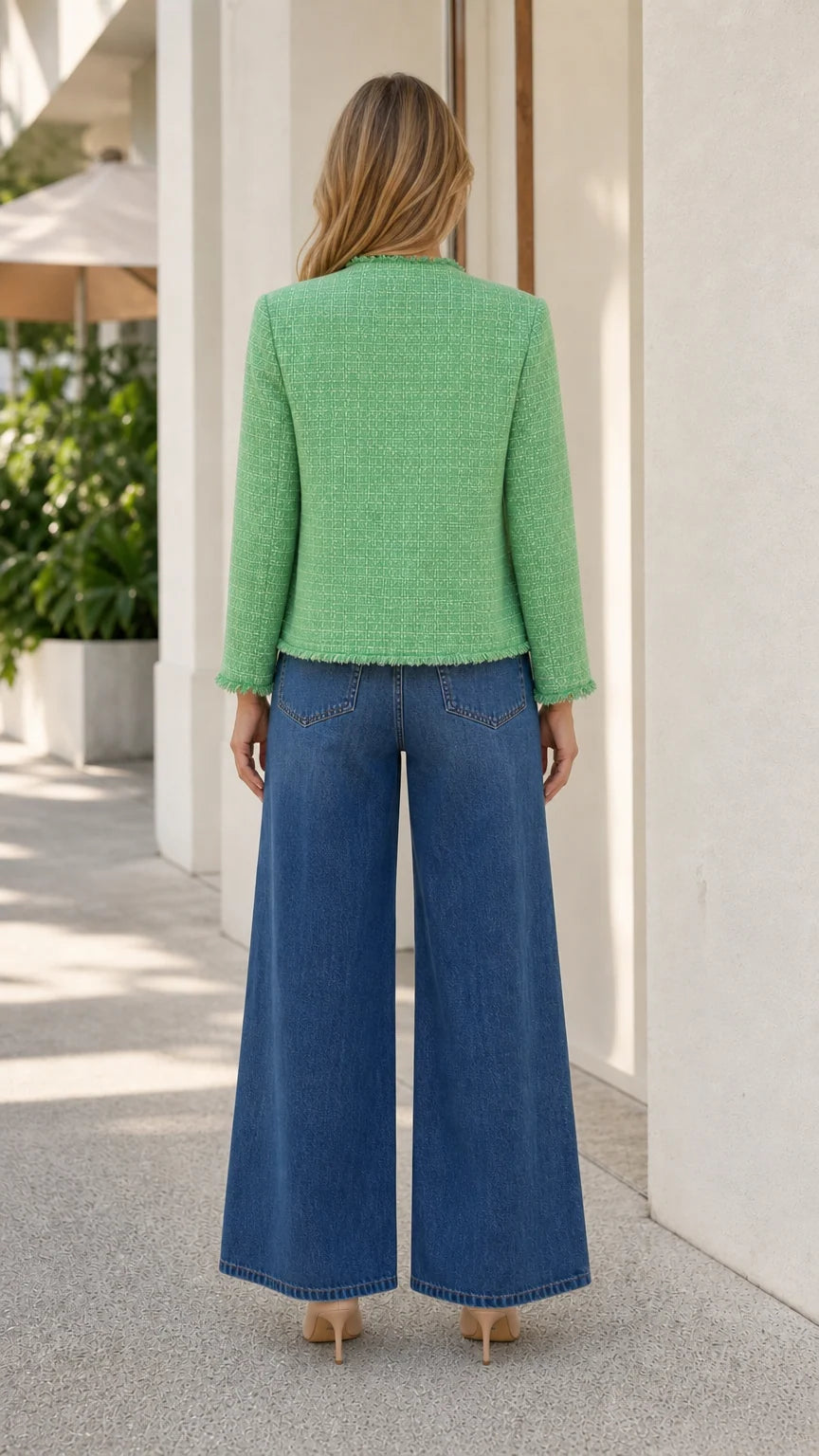 Back view of model in green tweed jacket