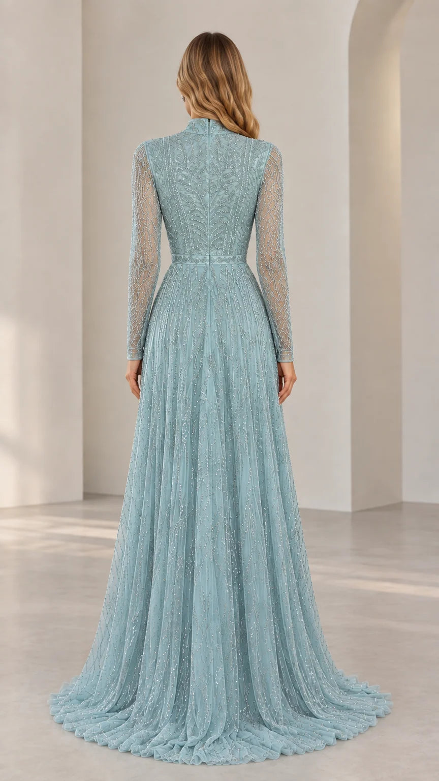 Back view of elegant Dusty Blue beaded evening gown with sweep train