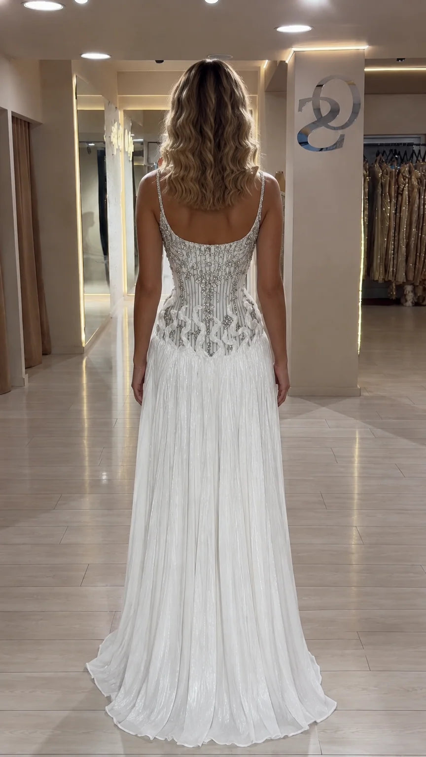 Back view of white crystal-beaded evening dress with open scoop back and pleated skirt