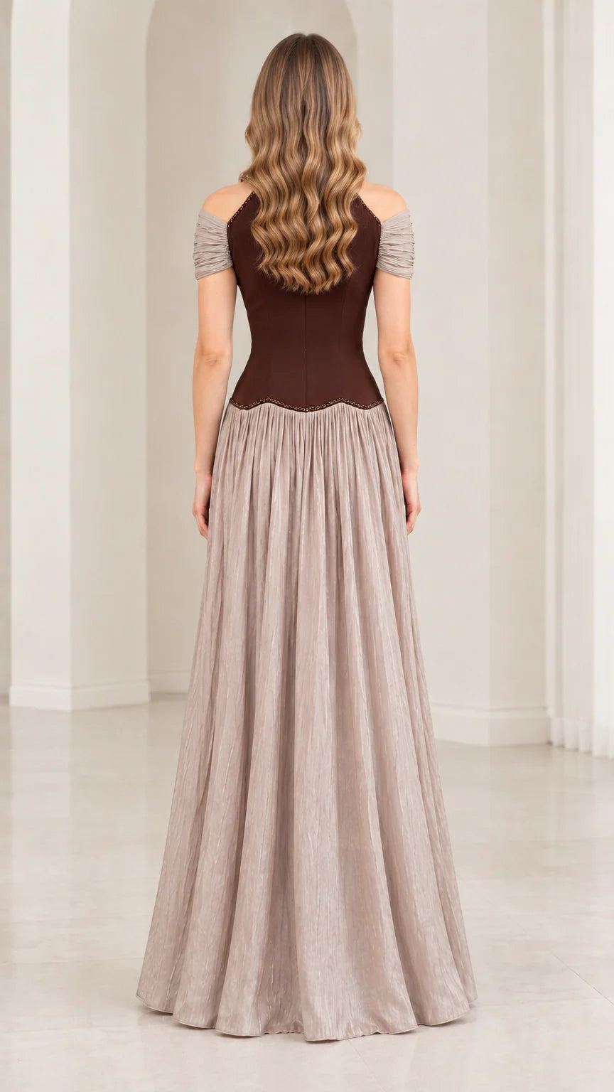 Back view of chocolate brown cold shoulder maxi dress with ruched sleeves