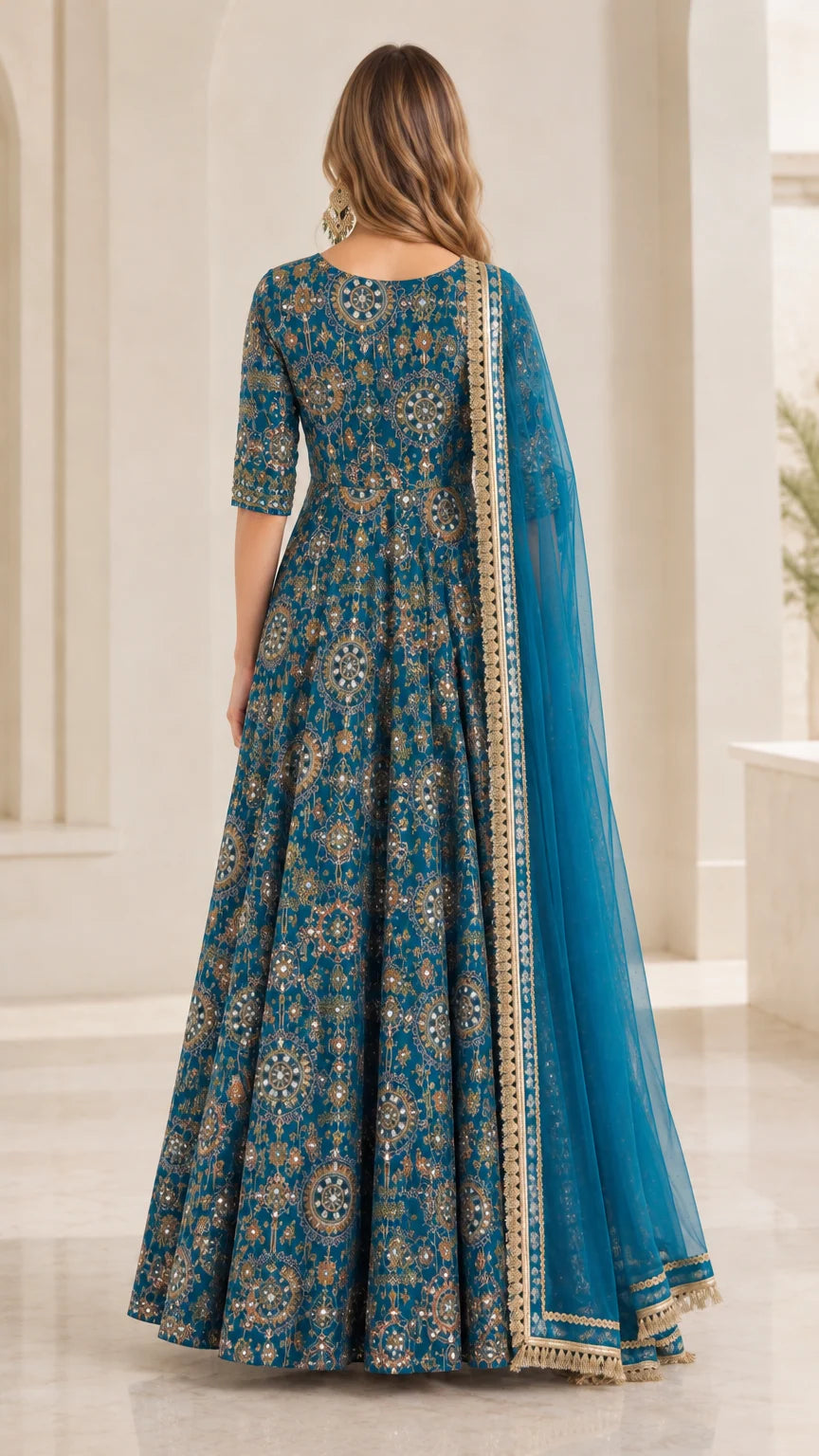 Back view of woman in Teal Blue floor-length Anarkali gown and sheer dupatta