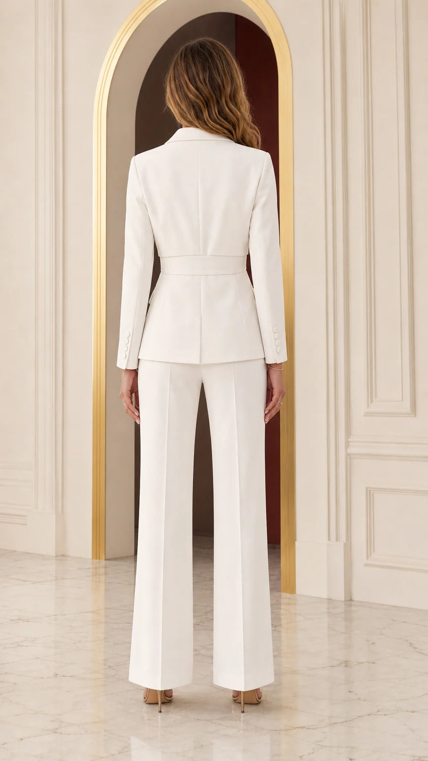 Back view of woman wearing white tailored suit jacket and wide trousers
