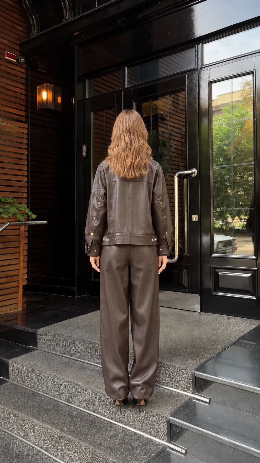 Back full view of woman in dark brown faux leather snap jacket and pants
