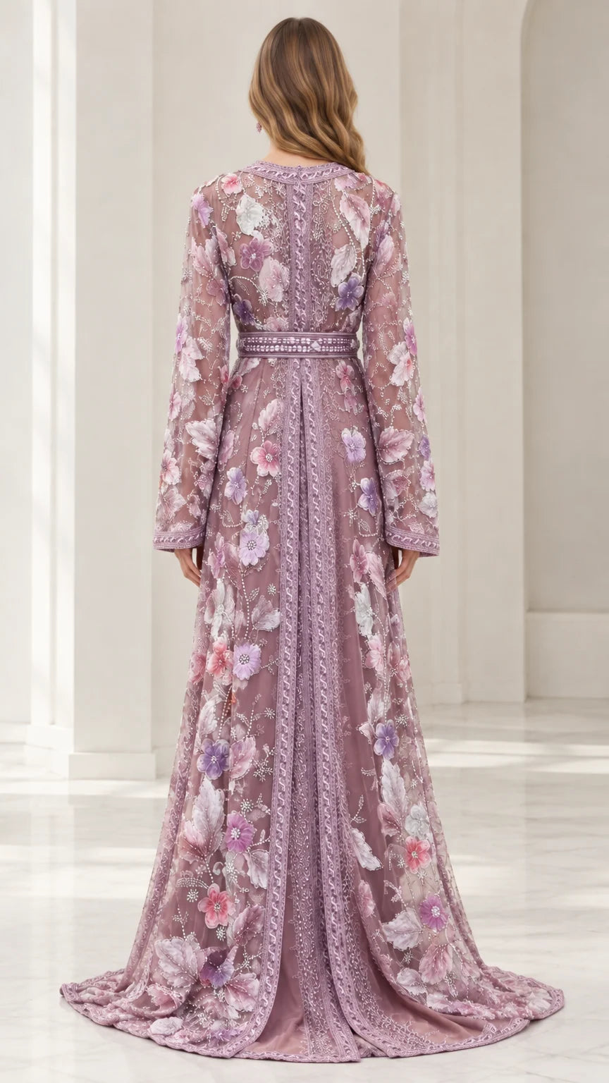 Back view of dusty mauve embroidered evening caftan dress with floor-sweeping hem