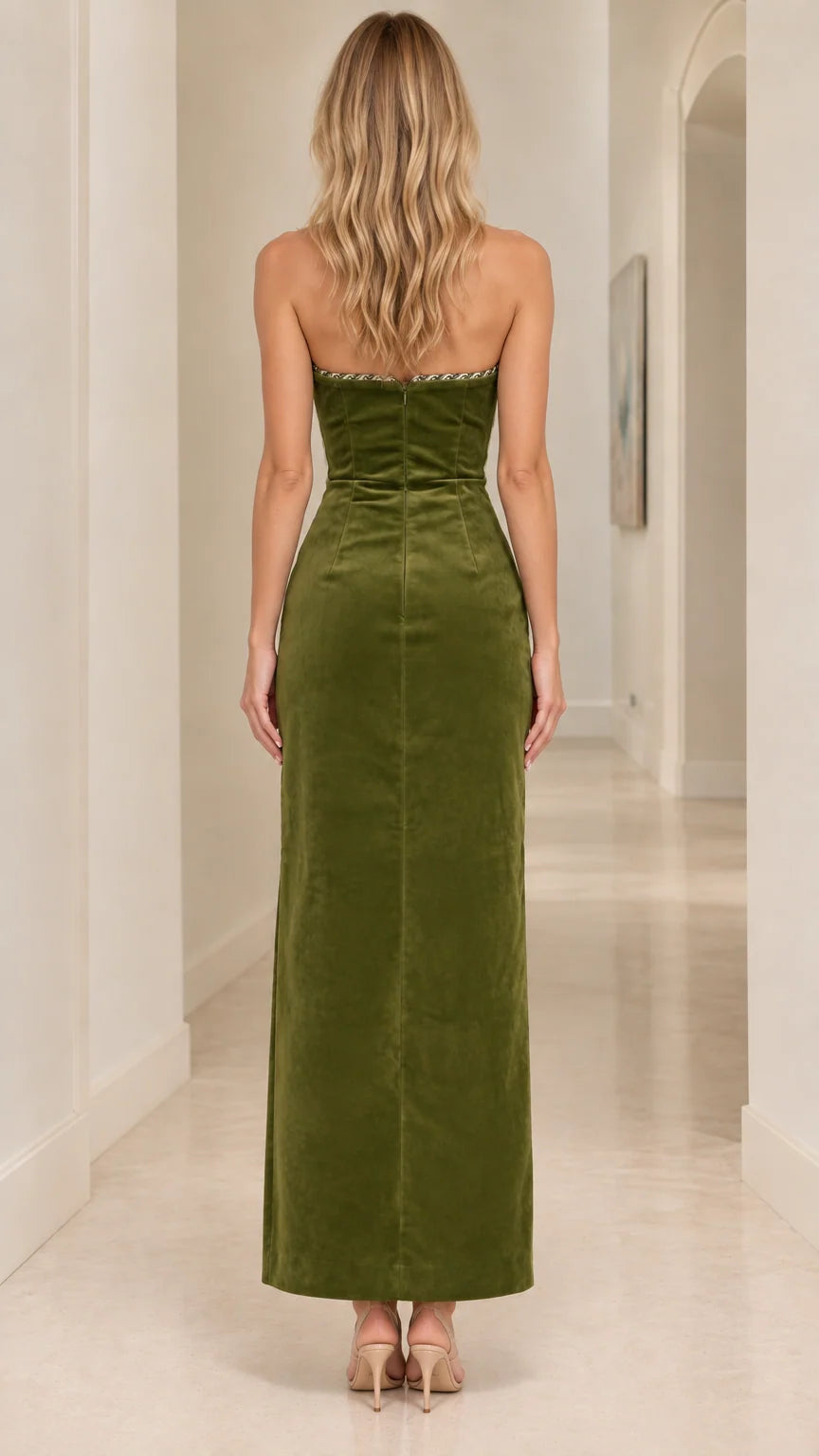 Back view of strapless olive green velvet maxi evening dress