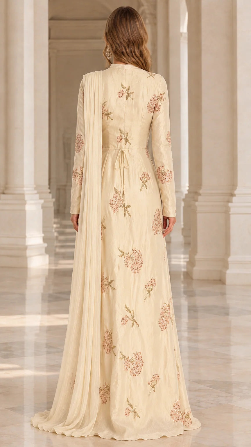 Back view of champagne embroidered gown showing waist tie detail and flowing drape