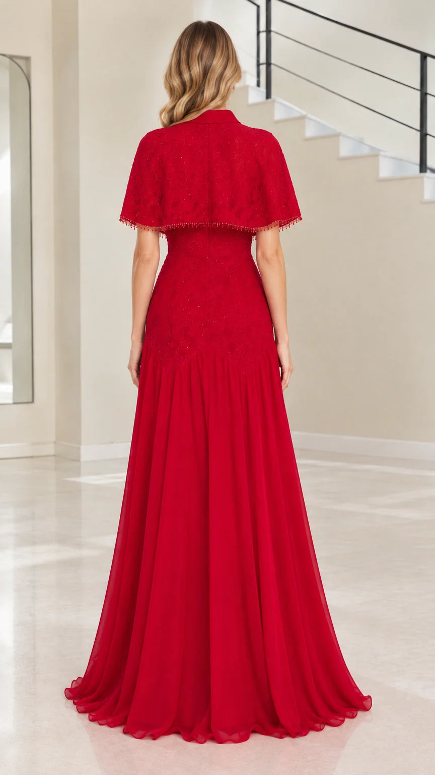 Back view of floor-length red evening gown with capelet