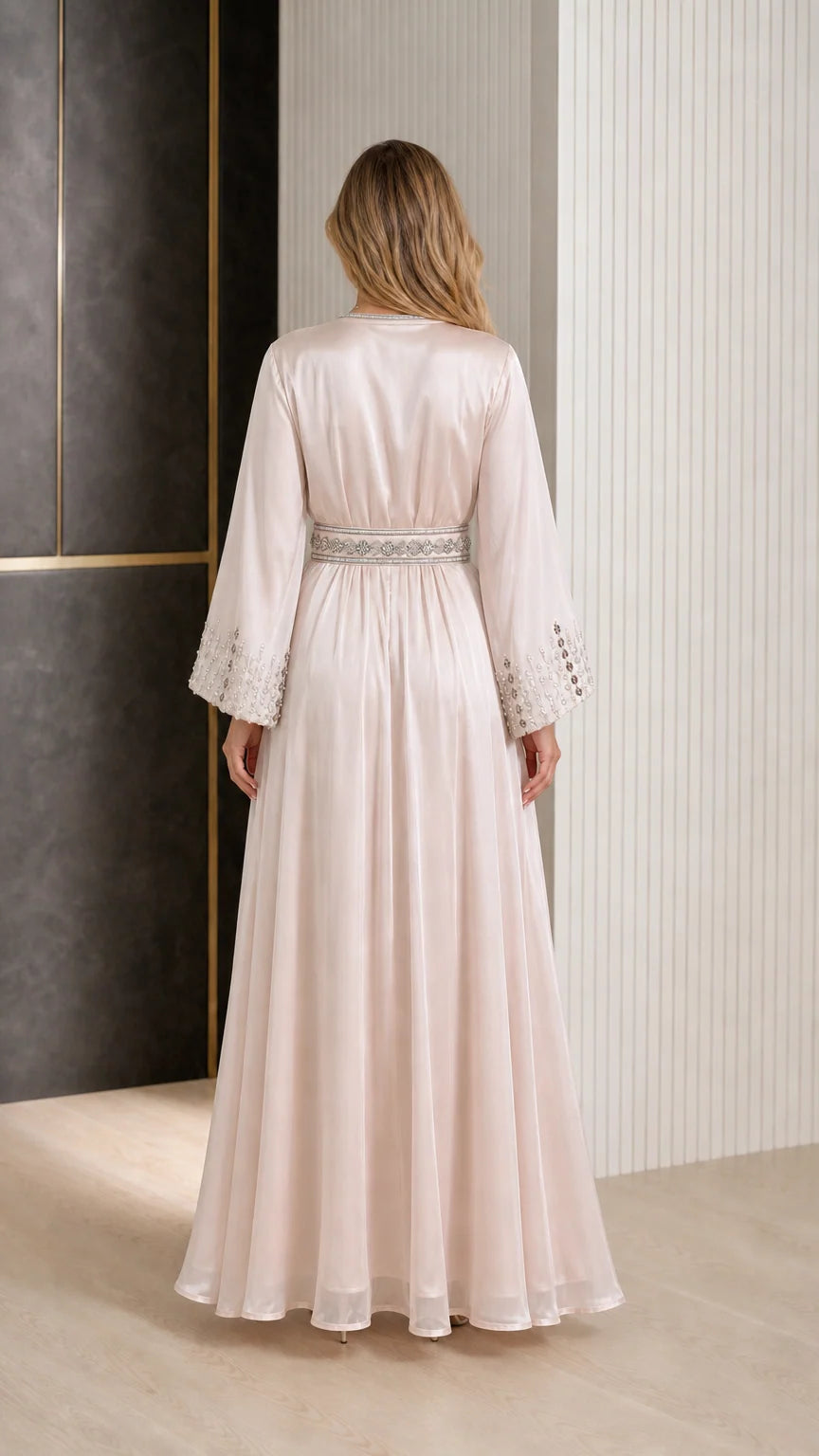 Back view of Champagne satin kaftan maxi dress