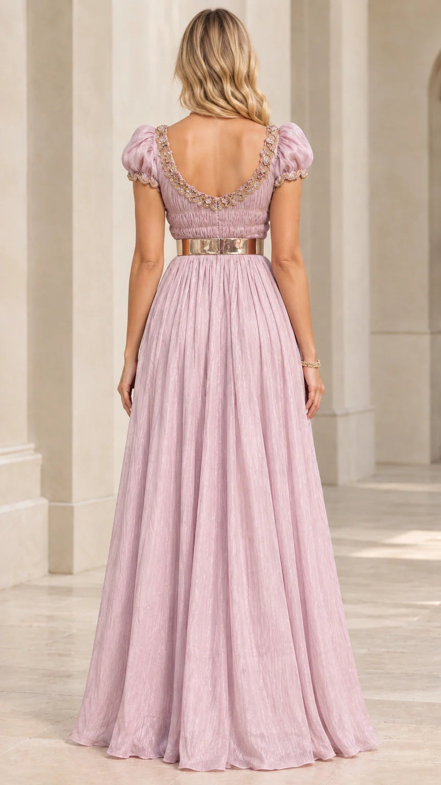 Dusty lilac pleated evening gown with scoop back - rear view