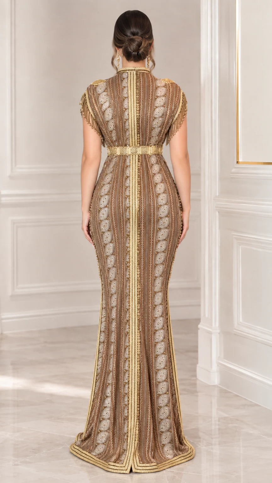 Champagne Gold floor-length gown back view showing tailored fit and vertical embroidery