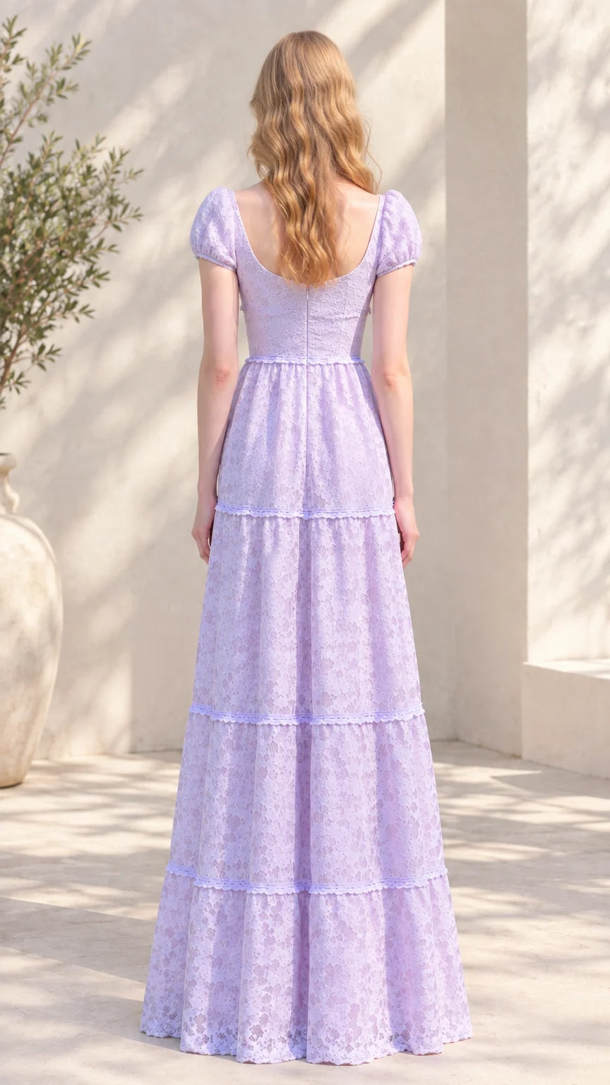 Back view of lavender square back lace maxi dress