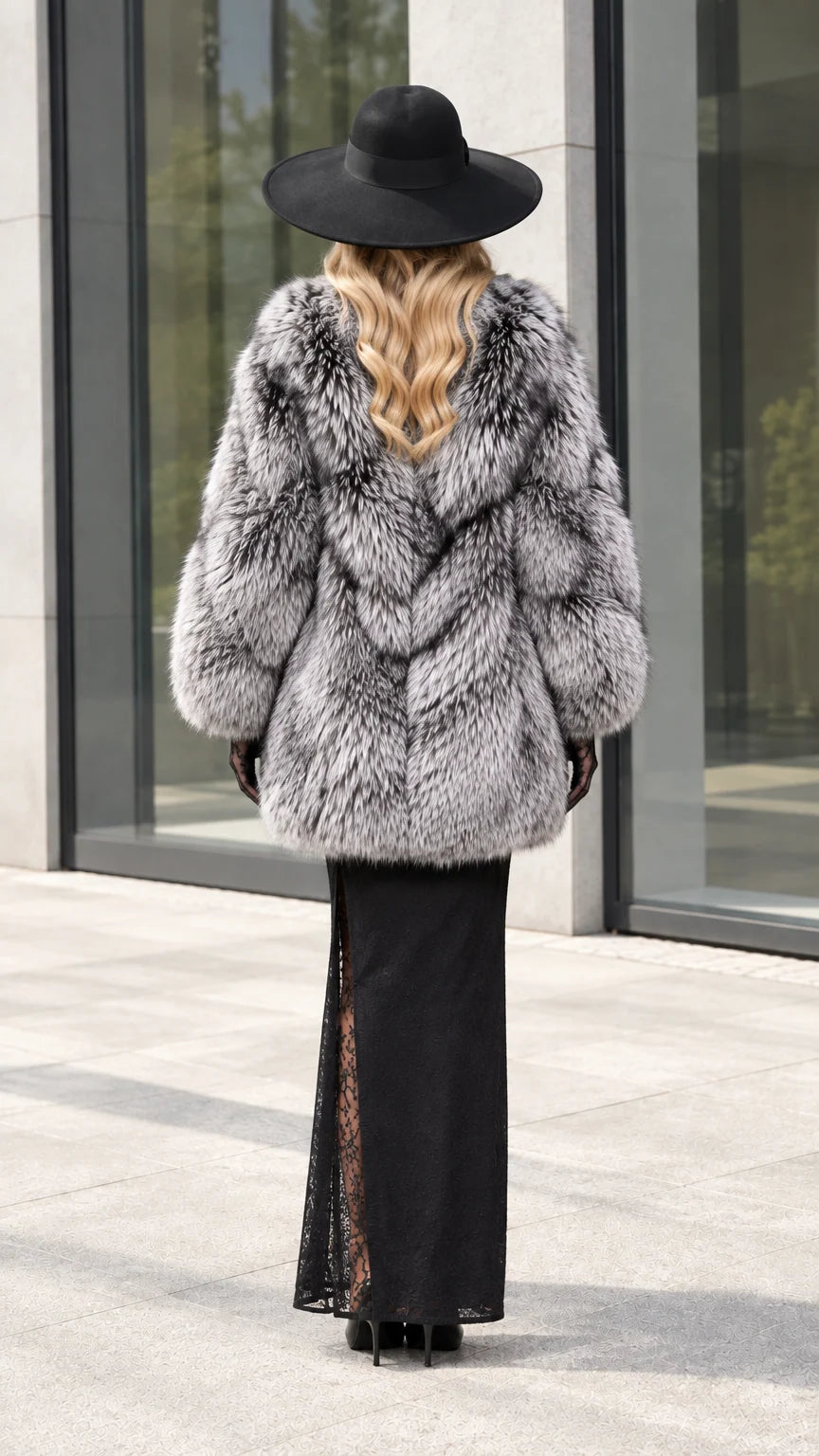 Back view of model in Silver Grey faux fur coat highlighting chevron textured fur pattern
