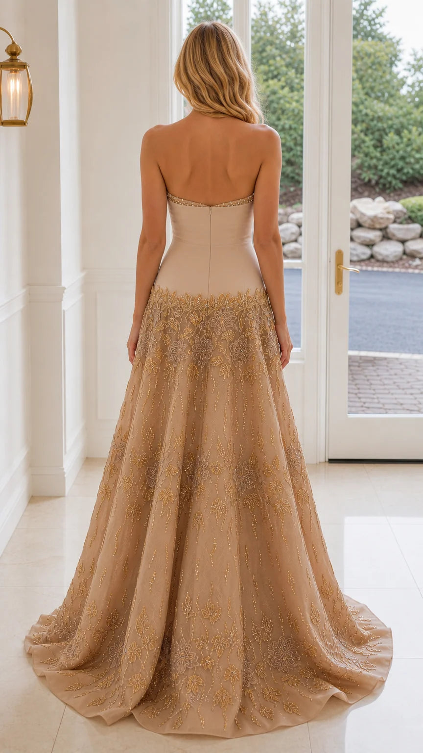Back view of Champagne strapless evening dress with sweeping skirt