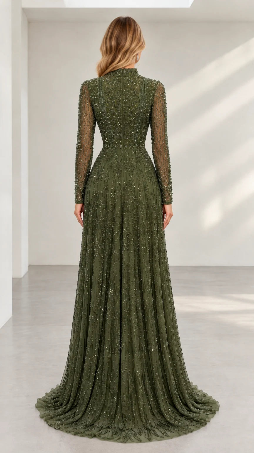 Back view of olive green beaded gown showing fitted silhouette and concealed zipper