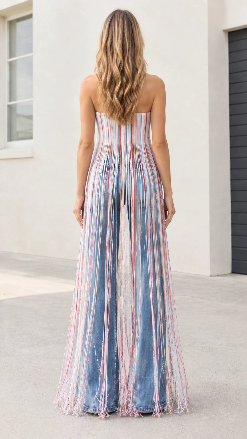 Back view of strapless striped fringe tube top styled with blue denim pants
