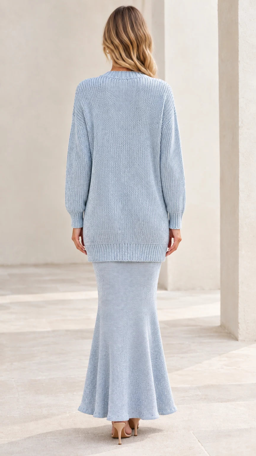 Light blue knit longline sweater cardigan and maxi skirt set back view