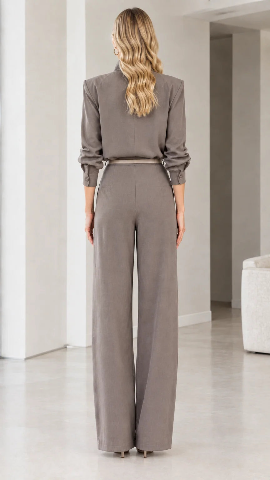 Back view of Taupe Grey tailored wide-leg jumpsuit with belted waist