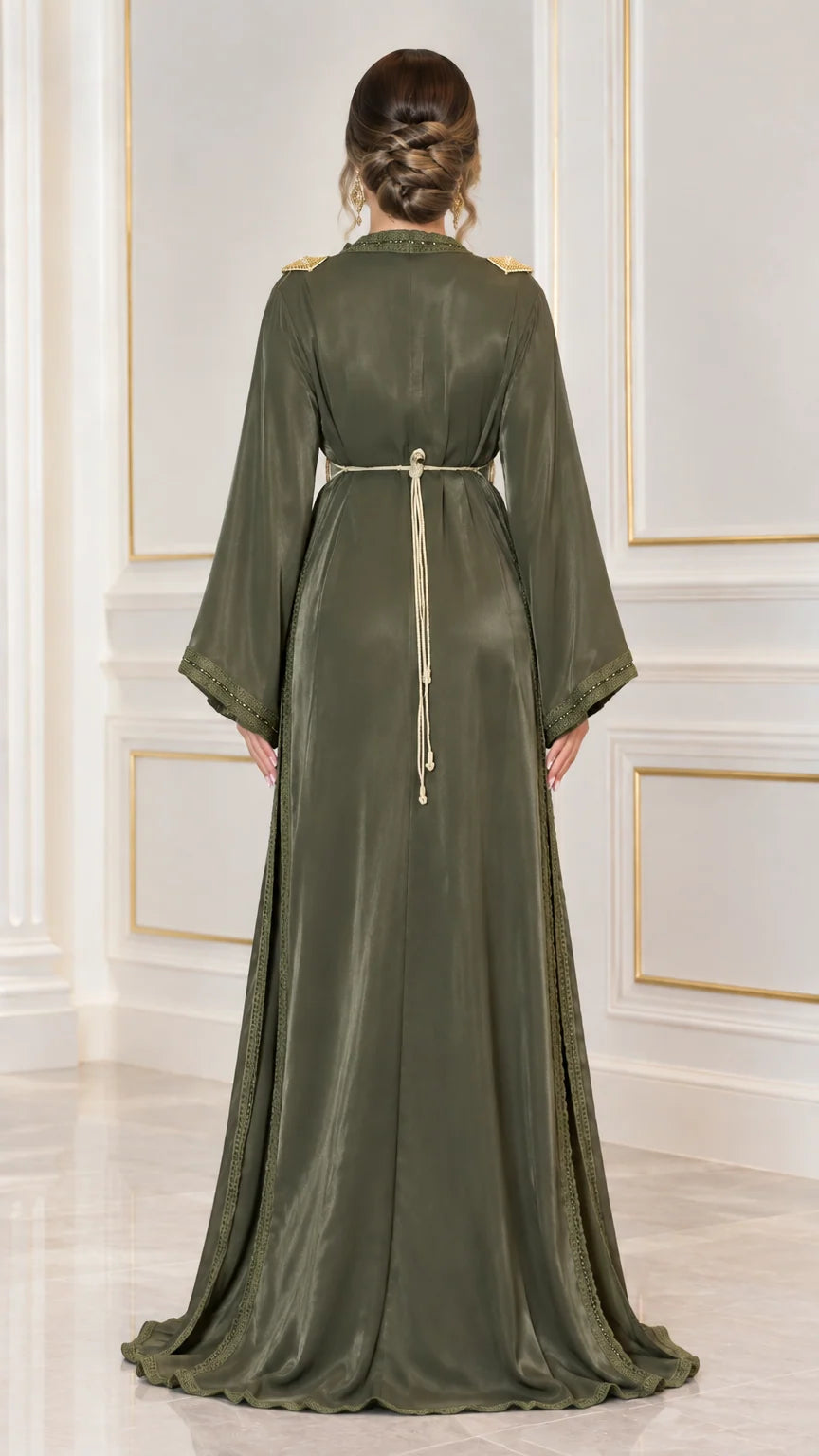 Back view of Olive Green floor length satin kaftan dress