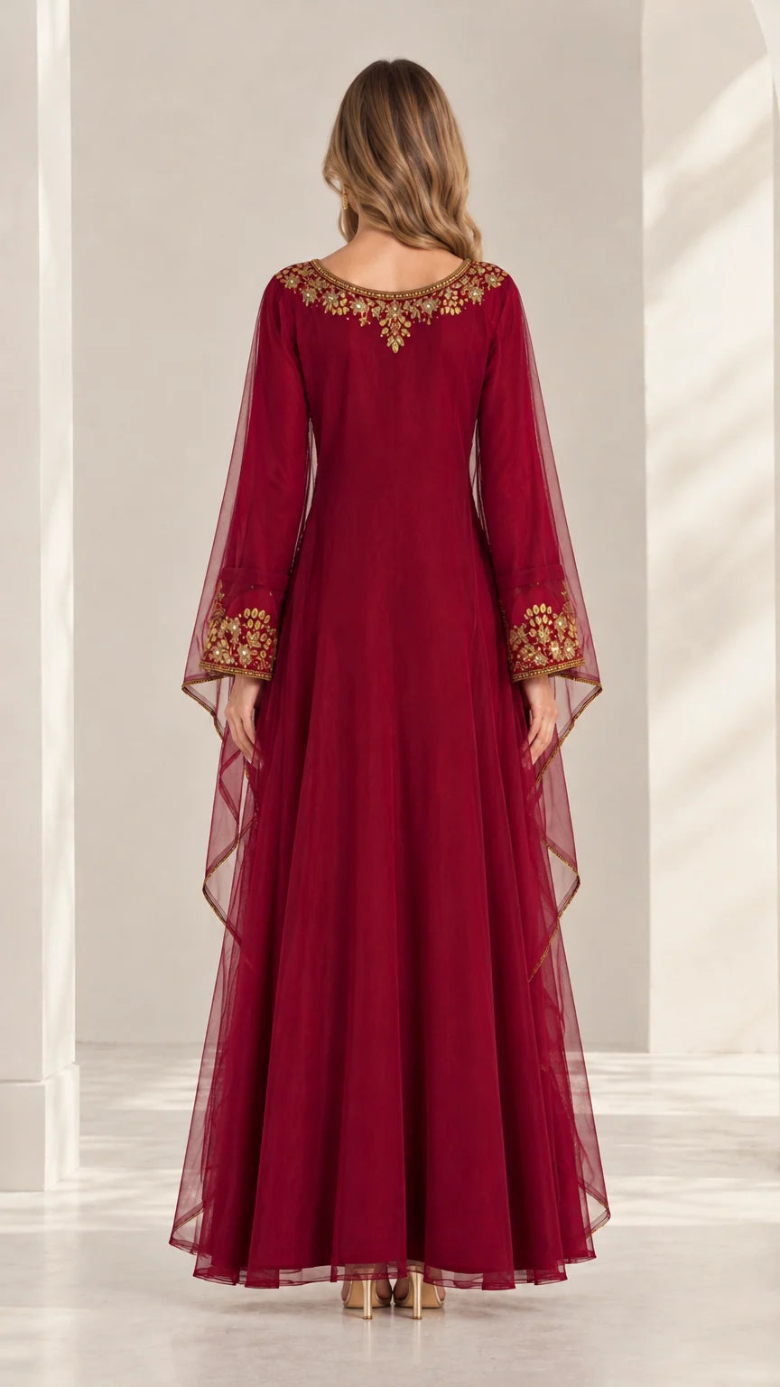 Burgundy embroidered cape sleeve chiffon maxi dress back view