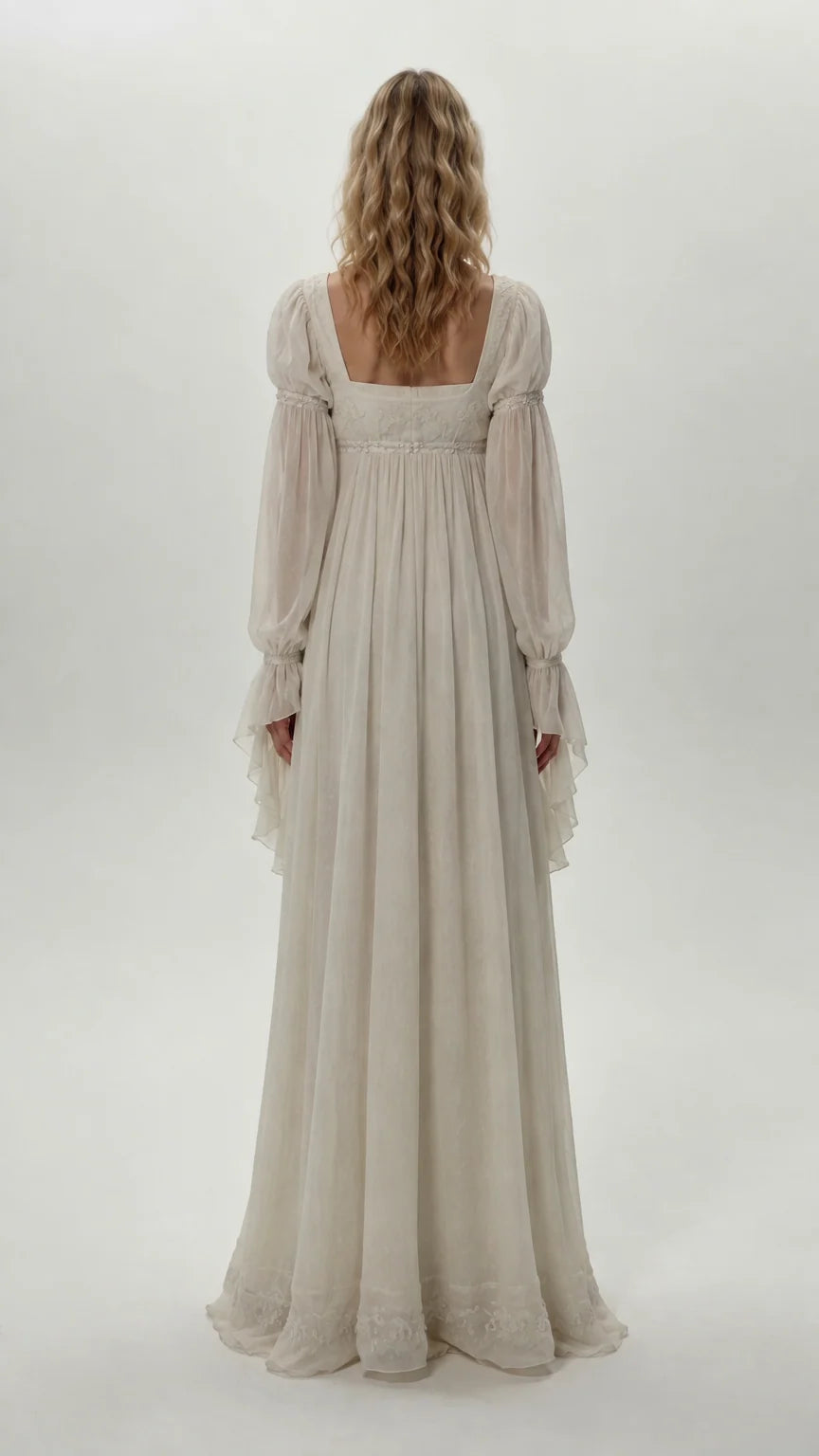 Back view of model wearing ivory square neck chiffon maxi gown