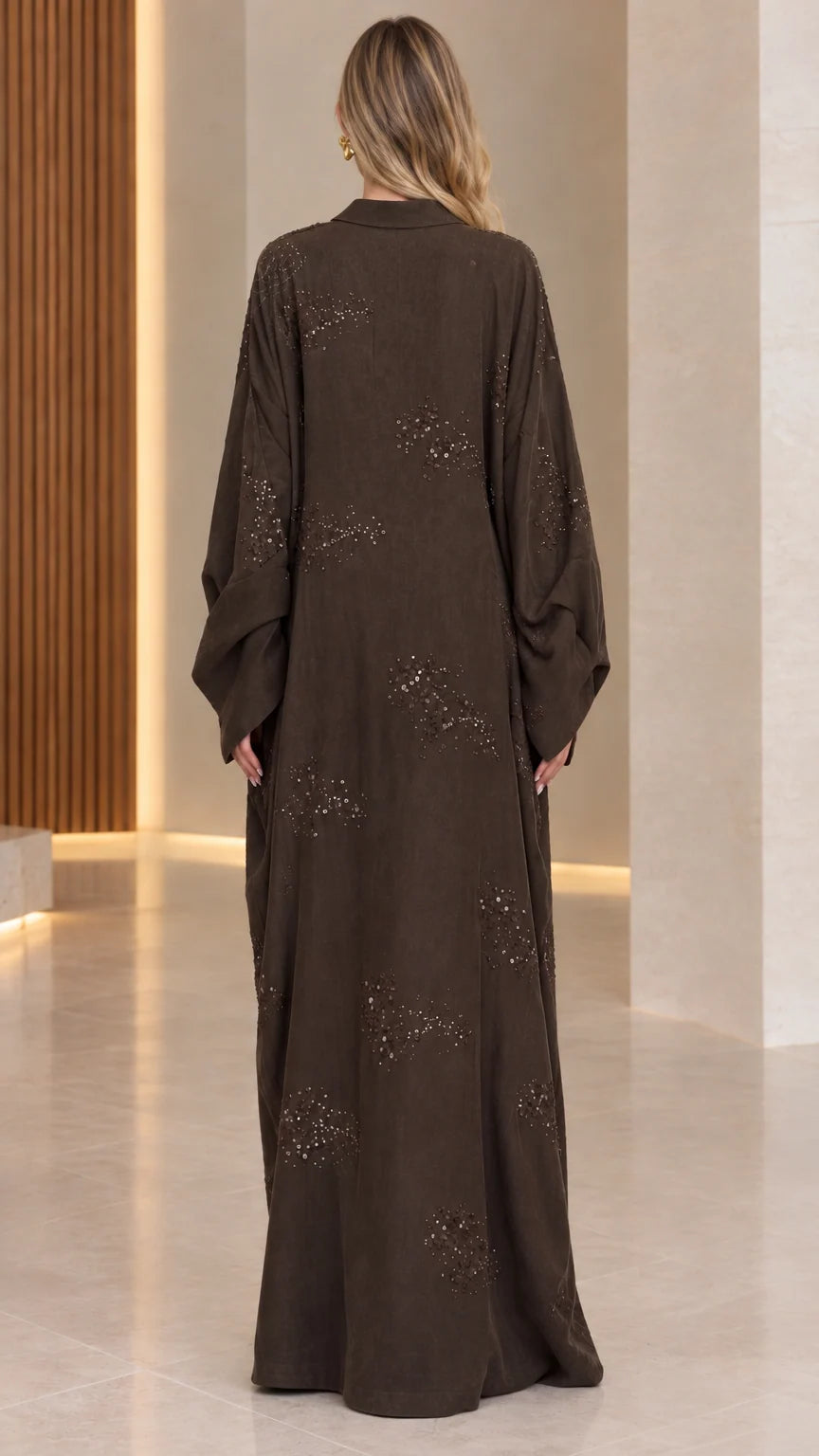 Dark Brown modest sequin kaftan dress back view
