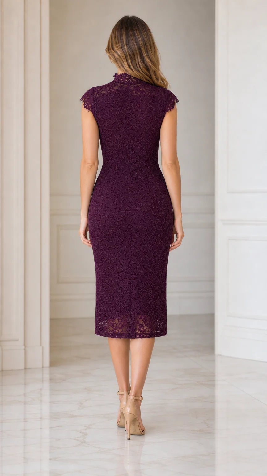 Back view of model showcasing the tailored fit of Deep Plum lace dress