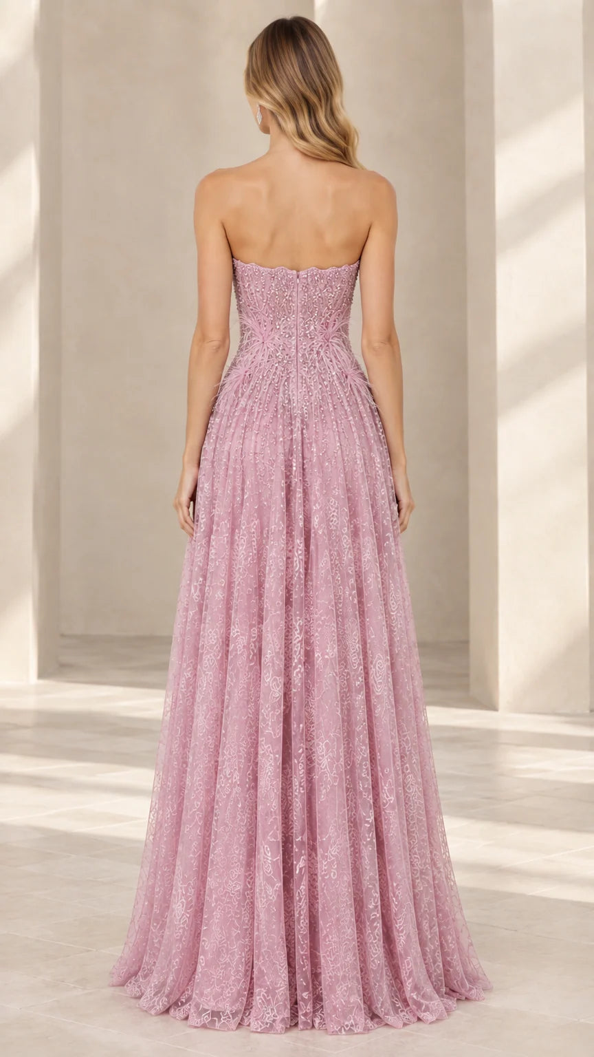 Dusty rose strapless formal gown back view showing zipper closure